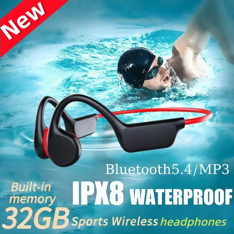 

Наушники с костной проводимостью IPX8 водонепроницаемые, MP3 32 ГБ, Bluetooth 5.4, беспроводные наушники с микрофоном для плавания, спорта, фитнеса, новинка 2026 года