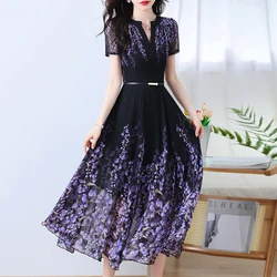 Bohemian Chiffon Beach Maxi Long Dress Women Summer Elegant V-Neck Belt Flower Print Purple Green Evening Party Dress 2023 New