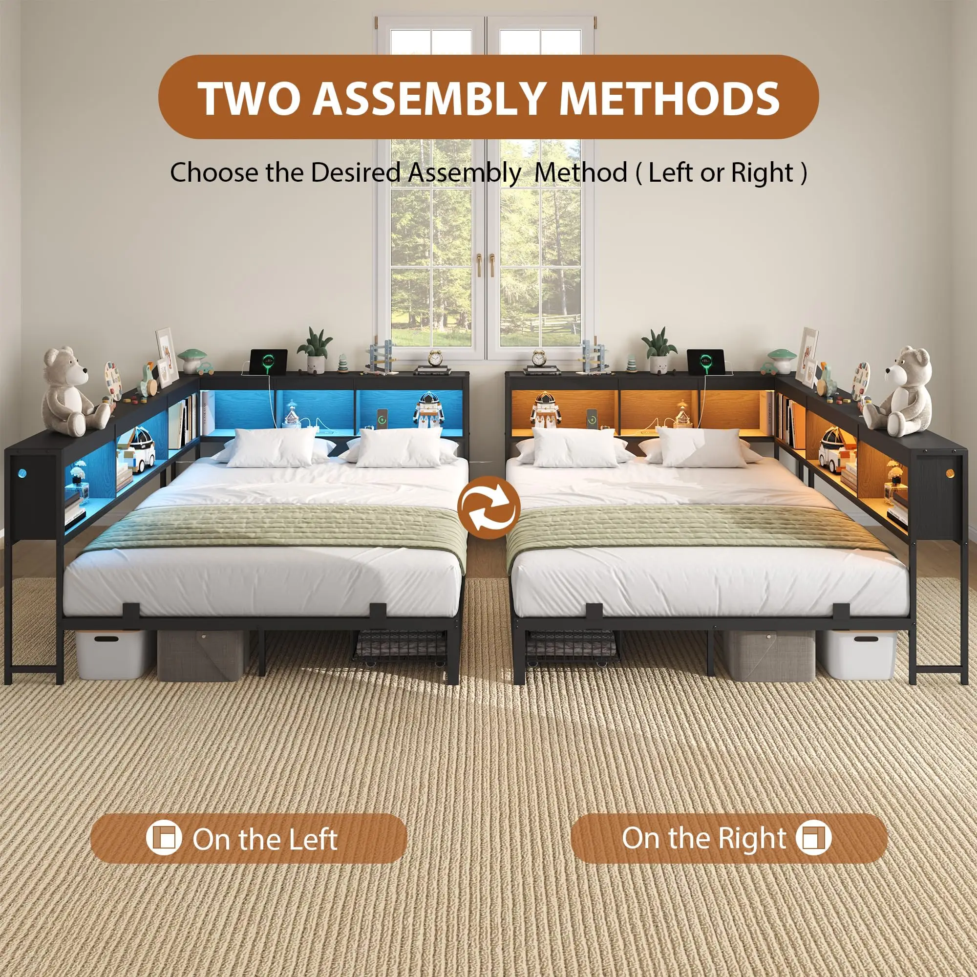 Twin/Full Corner Bed Frame With Bookcase Headboard, RGB LED Lights, 2 Drawers, Charging Station, Reversible, 2 AC 2 USB Ports