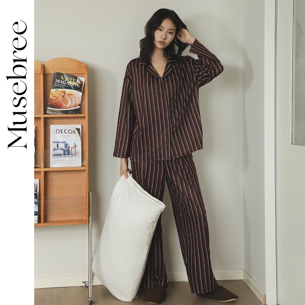 

Musebree Women's Oriental Elements Pajama Sets Ladies Striped Loose Casual Long Sleeve Pajamas Spring Women Loungewear Set