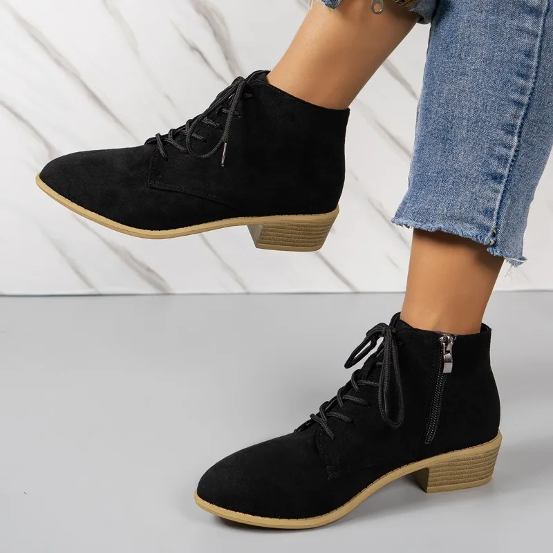 

2025 New Hot Sale Women's Boots Ankle Boots Fashion Side Zip Lace Up Women Shoes Trend Versatile Shoes Pointed Low Heels