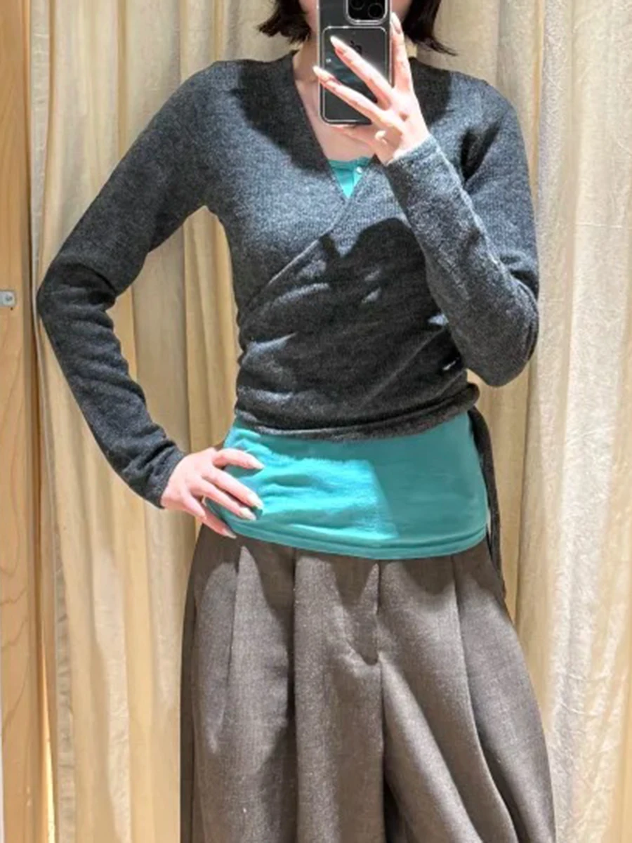 Dark Gray Lace-up Long Sleeve T-shirt Cardigan Spring V-neck Cotton Smock Solid Simple Sweet Wrap Knitwear Y2k Crop Tops