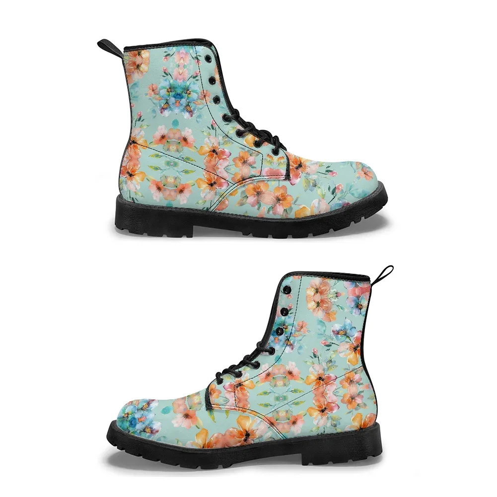 

Pink floral print light green mid-calf boots, casual and stylish street-style boots for men and women