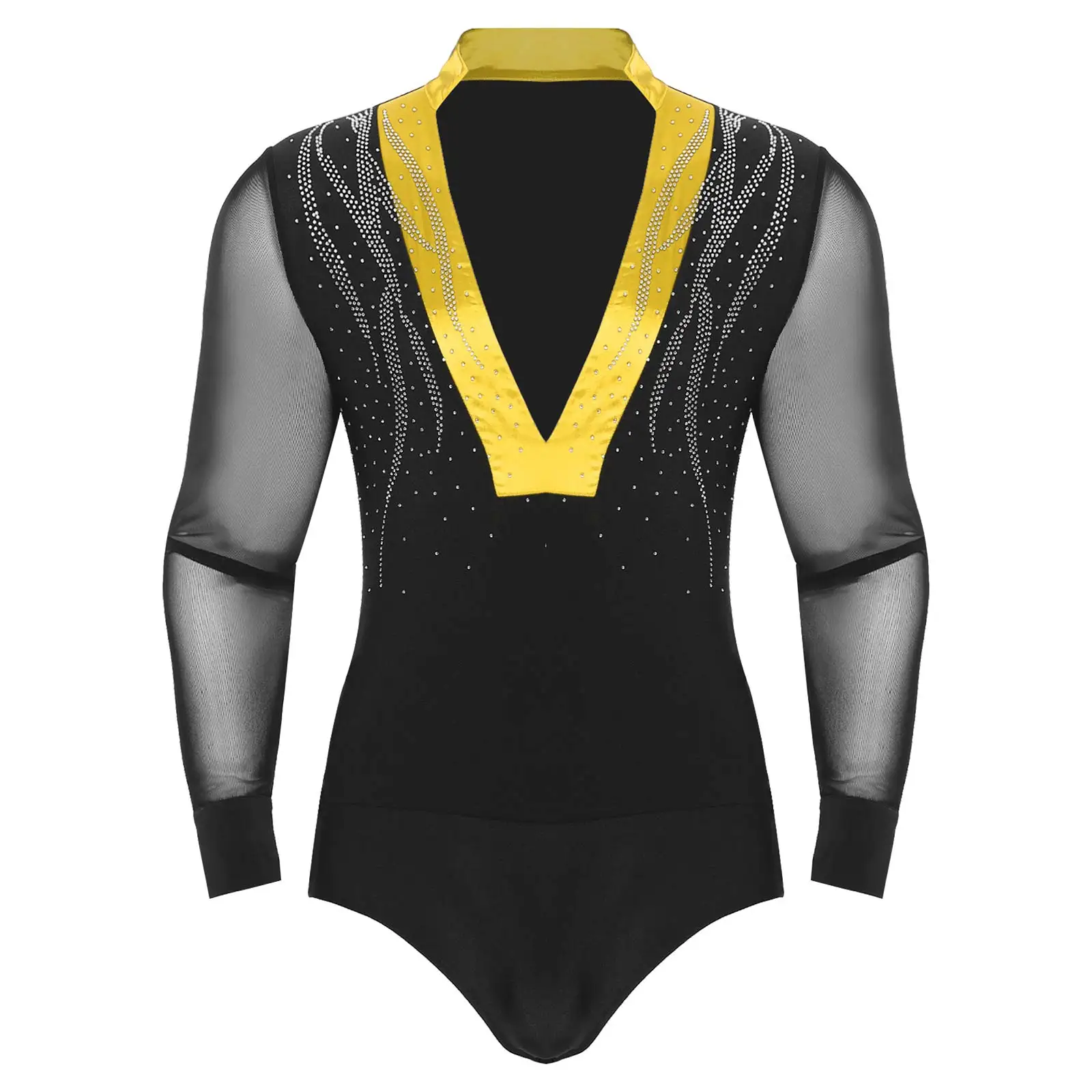 

Men Latin Dance Bodysuit See-Through Mesh Long Sleeve Leotard Color Block Deep V-neck Sparkling Rhinestones Tango Ballroom Stage