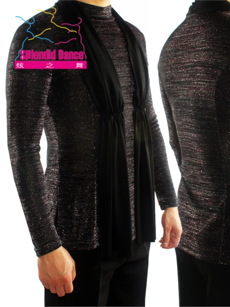 Top da ballo latino Fantasia personalizzato Camicia elasticizzata nera a maniche lunghe di alta qualità Camicie da ballo da uomo nuove