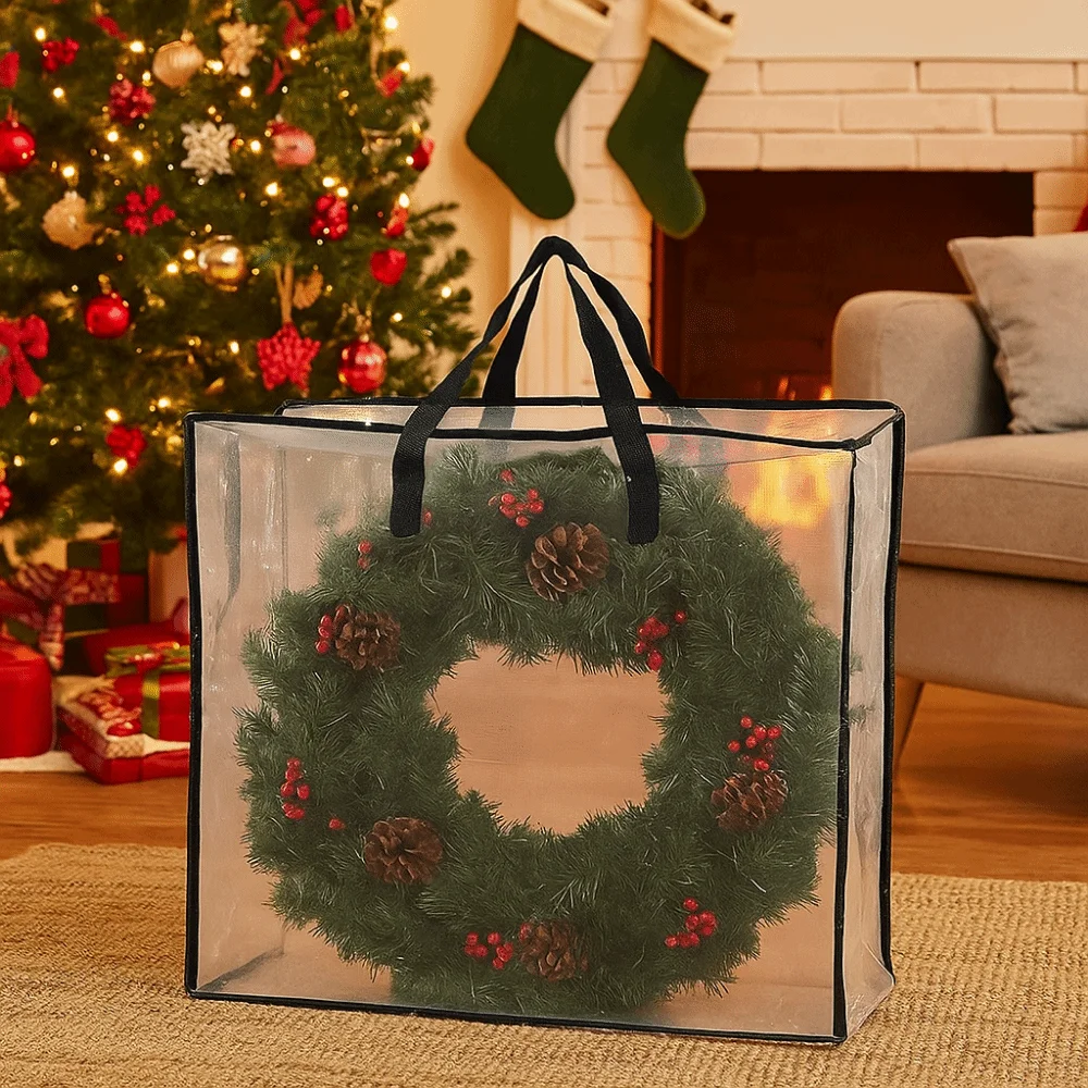 Large Capacity Christmas Wreath Storage Bag Waterproof Reusable Ornament Storage Bag Dustproof with Handle and Zipper