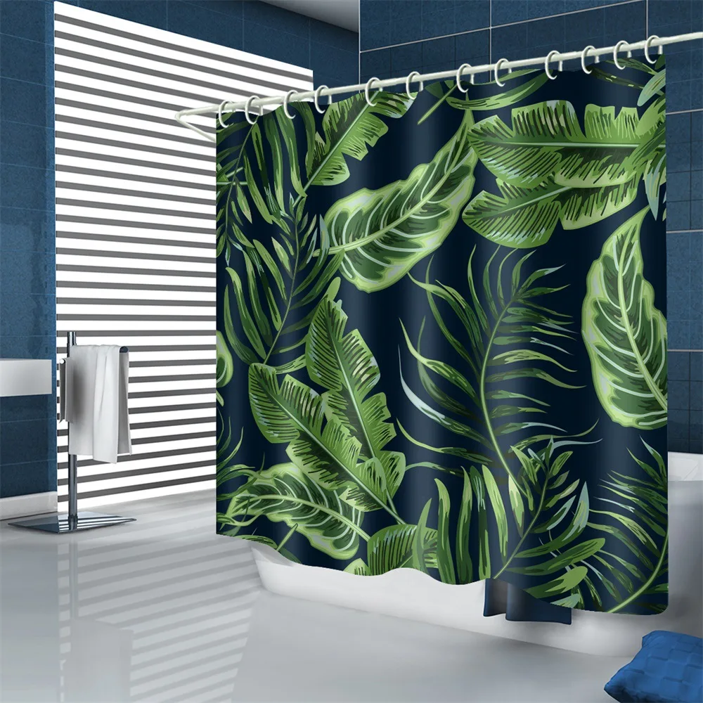 Tropical Green Plant Leaf Palm Cactus Shower Curtains Bathroom Curtain Frabic Waterproof Polyester Bathroom Curtain with 12Hooks