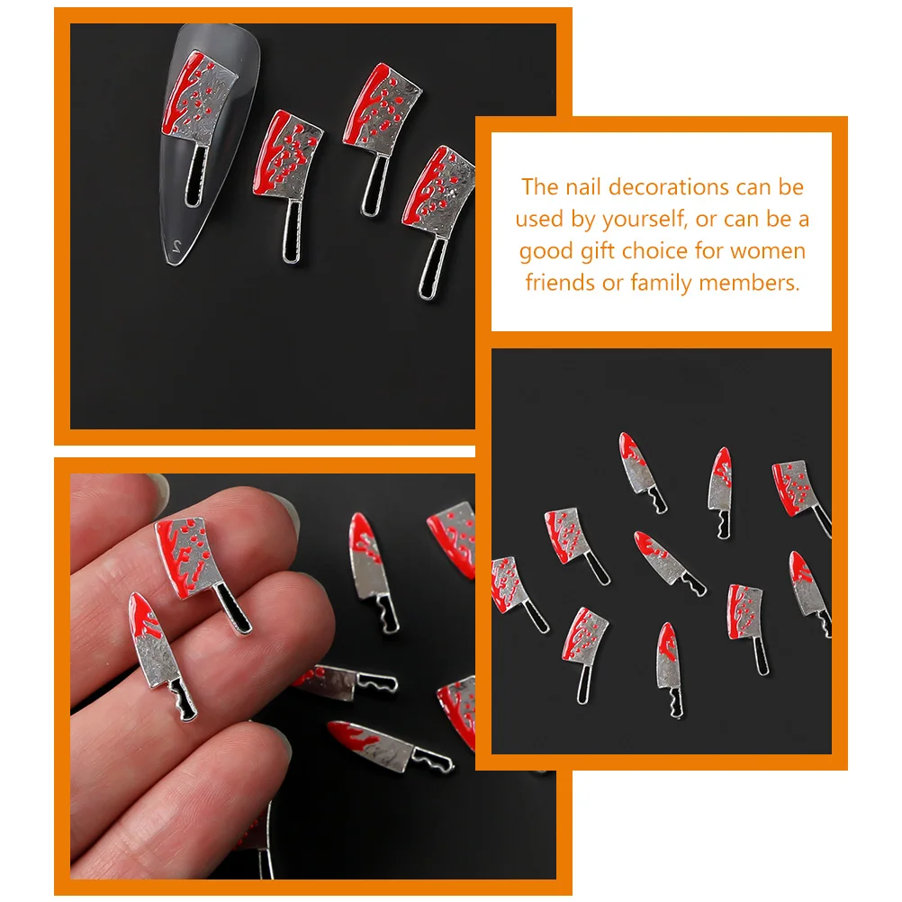 10 Pcs Halloween Nail Jewelry Metal Bloody Knife Charms Accessories Studs for Women Nails Decorate Alloy