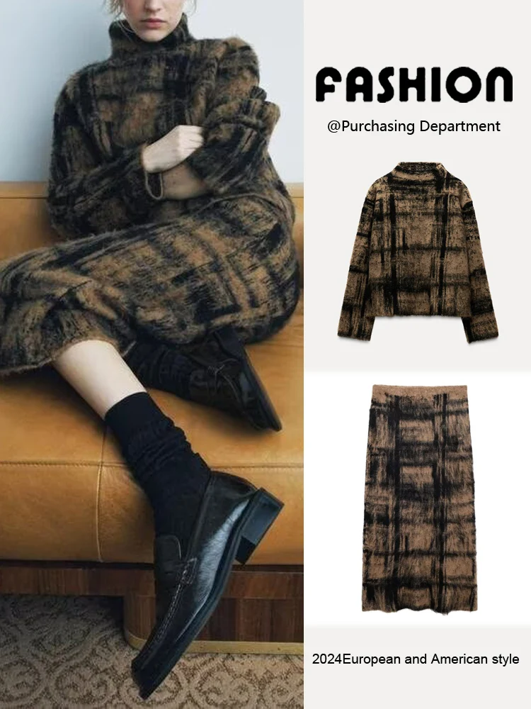 

New Autumn Women's Long Sve Stand Collar Knitted Sweater Plaid Knitted Dr Faionable Ensemble Ladies Premium Clothing