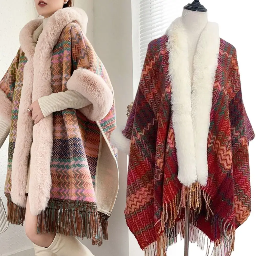 

Зимняя теплая шаль с воротником из искусственного меха в этническом стиле, кардиган из искусственной шерсти, шаль с кисточками, полосатое монгольское пончо на осень-зиму