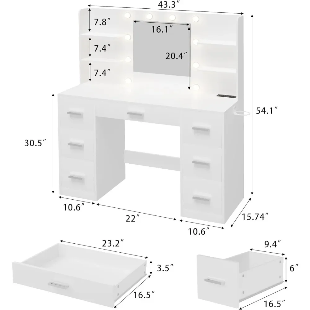 Dressing table with mirror LED light and power socket, equipped with 7 drawers and 6 storage shelves, dressing table (white)