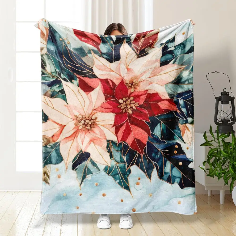 

1 шт., рождественское одеяло с цветочным узором пуансеттии, полиэфирная ткань, можно стирать в машине, подходит для украшения спальни, гостиной