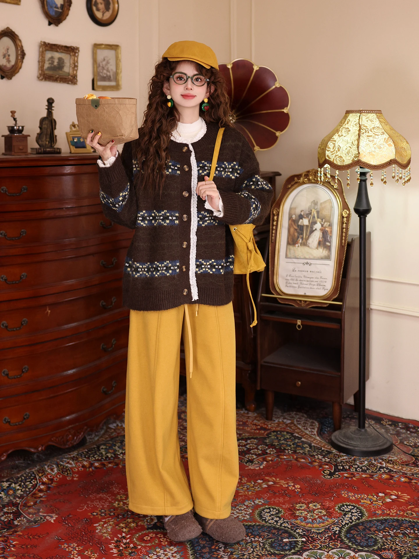 กางเกงลำลองเอวสูงสีเหลืองสำหรับผู้หญิงทรงหลวมอเนกประสงค์ฤดูใบไม้ร่วงฤดูหนาวกางเกงขายาวกางเกงขากว้างใส่สบาย