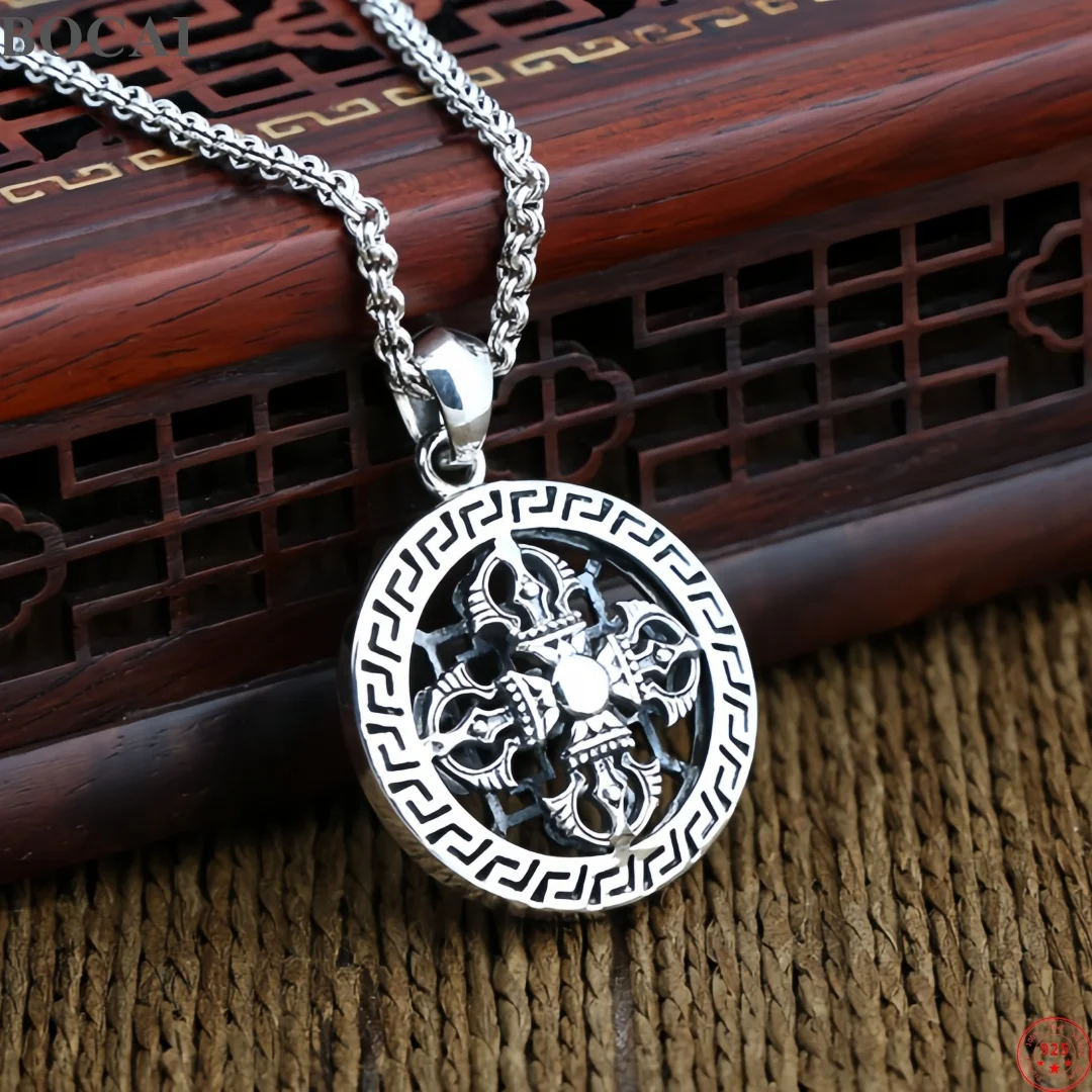 BOCAI Real S990 Pure Silver Buddhist Pendant for Man Retro Eethnic Style Good Luck Ward Off Evil Jewelry