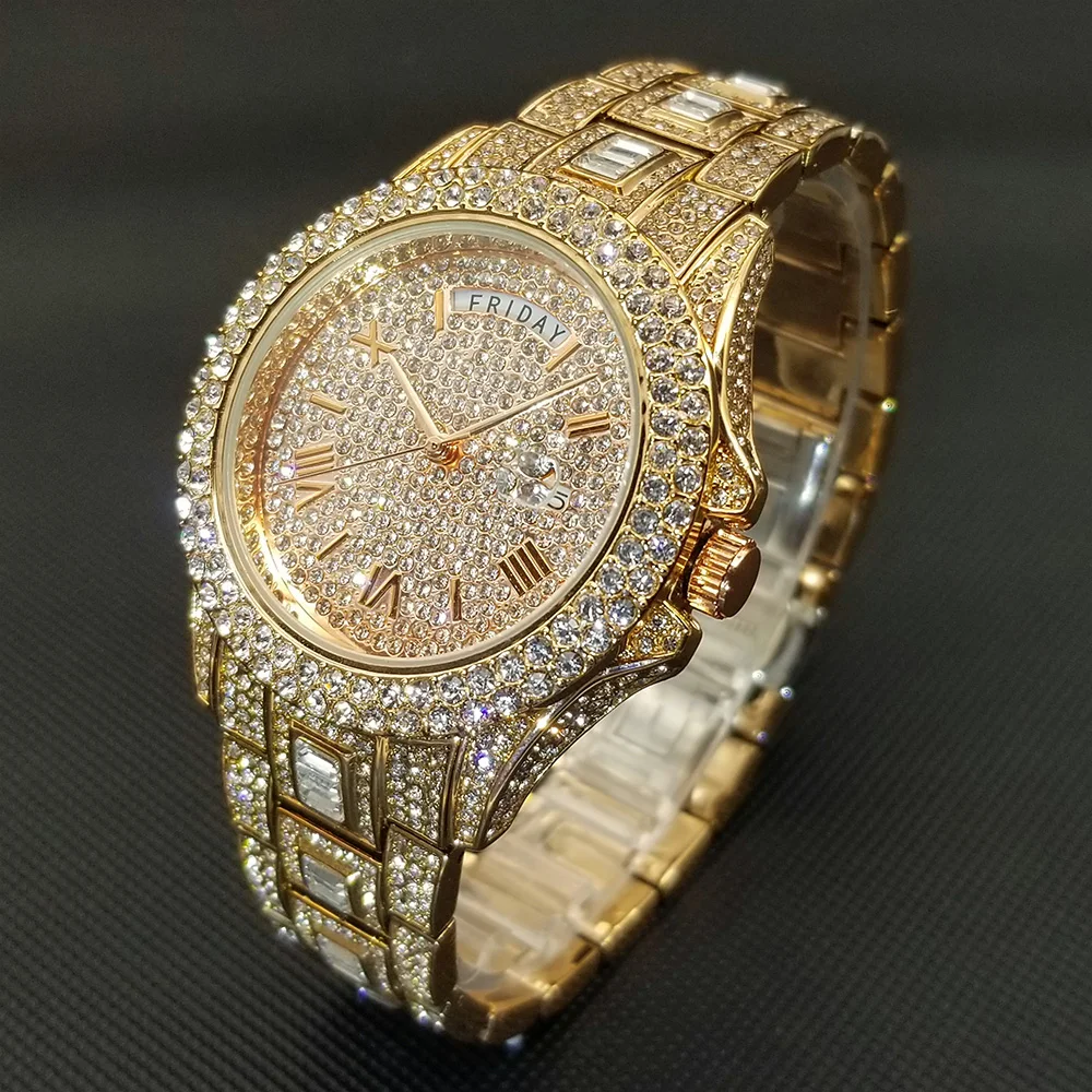 Bling Iced Out  Day Date Watch for Men Hip Hop Rap Singer West Coast Street Style Wristwatch Luxury Diamond Shiny Jewelry Clock