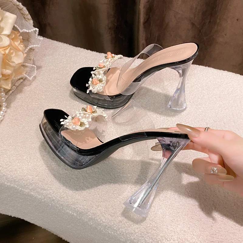 

Super High Heel Women Slippers Transparent PVC High Heel Sandals Fashion Crystal Platform Sandals 11CM Model Catwalk Women Pumps