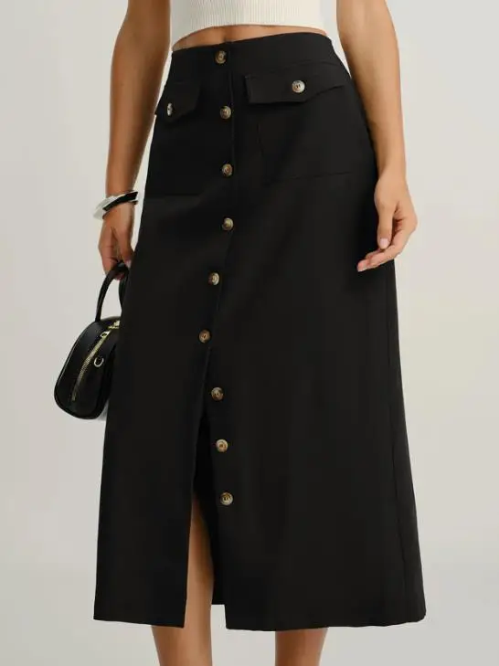 

Women's Midi Skirt 2026 Spring Elegant Fashion Temperament, British Style Button Up Front and Hip Hugging, Suitable for Office