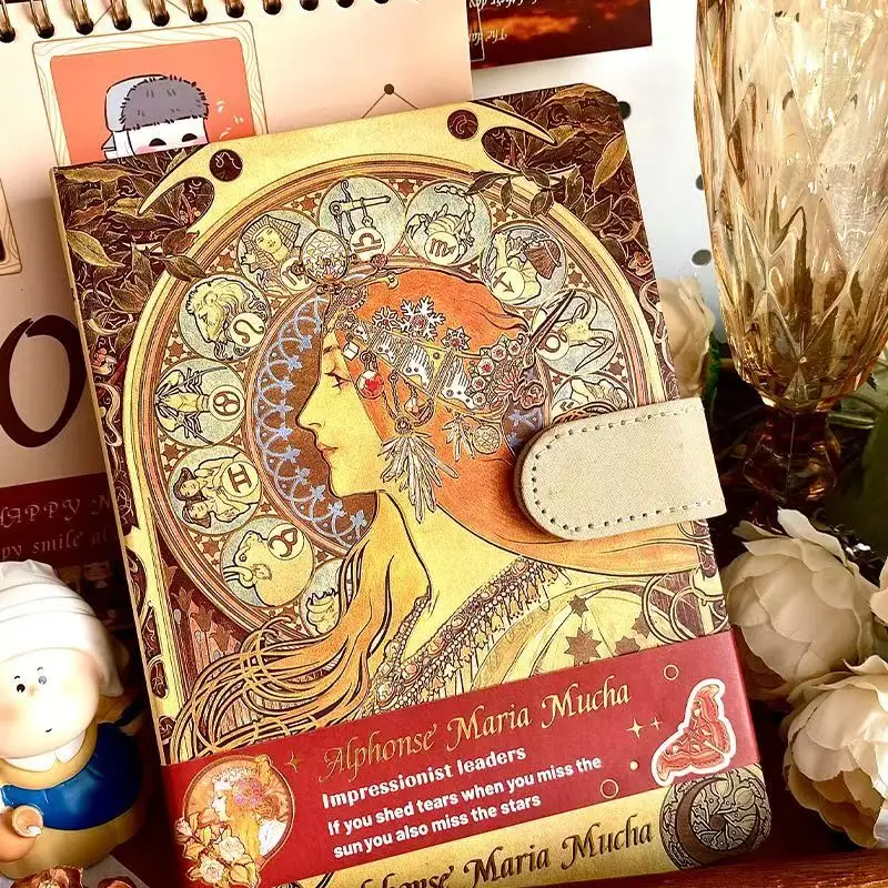 Retro Hardcover Notebooks Classic Design Mucha's Famous Painting Cover Color Page Illustration B6 Diary Student Notepad