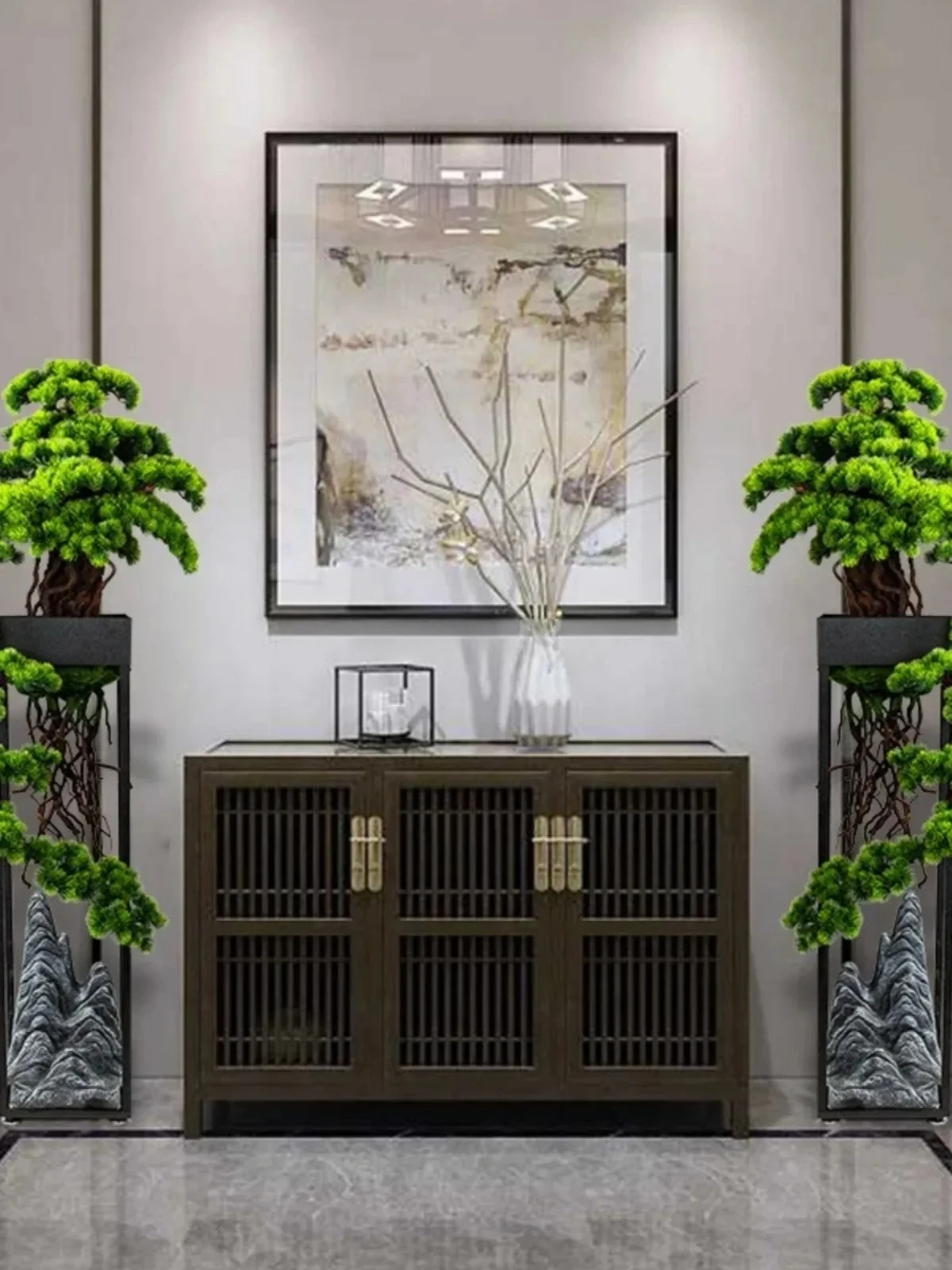 Chinese Style Large Artificial Green Plant Bonsai Welcoming Pine Ornament for Living Room