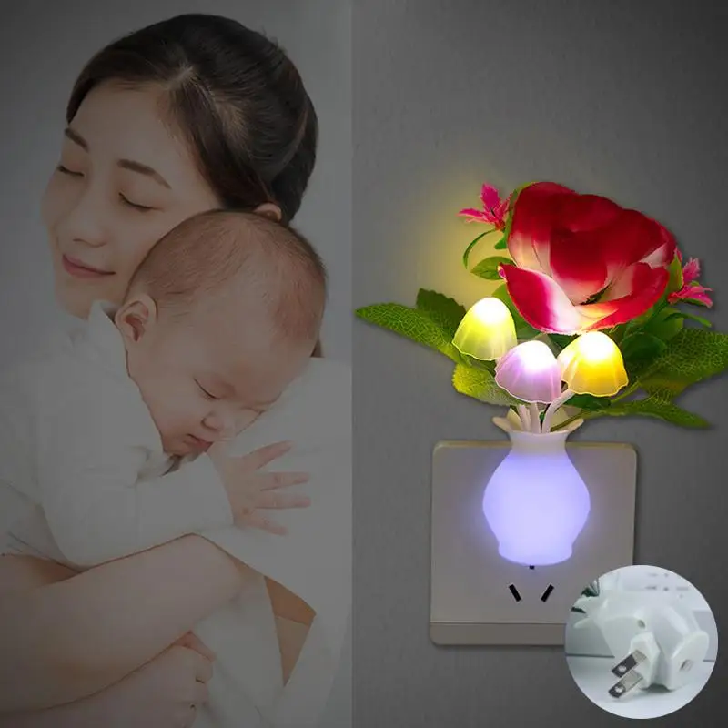 Rose Flower Mushroom Colorful LED Night Light Romantic Decor Atmosphere Lamp Light Sensor Energy Saving Socket Lamp US/EU Plug