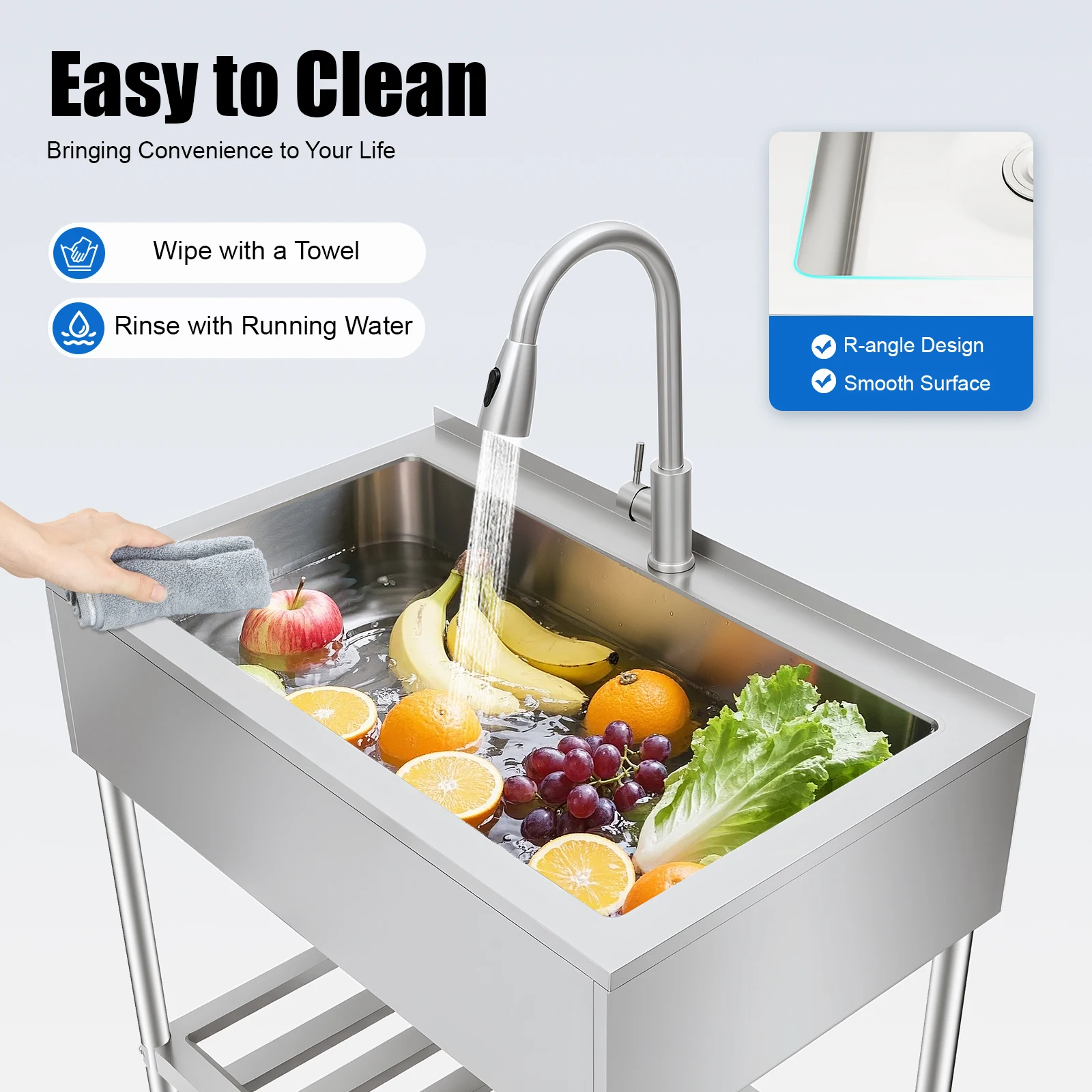 

Silver Stainless Steel Kitchen Sink(Stable&Drainable) - Thickened Round/Square Tubes+Screw-Reinforced Connection&Stable Support