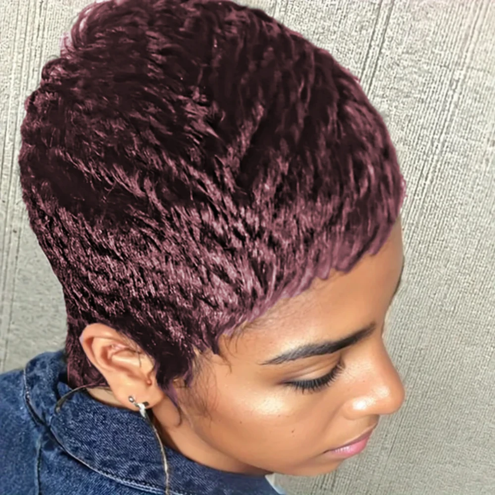 150% Density 4Inch Pixie Cut Curly Wave Human Hair Wig for Women Full Machine Made Wig for Daily Wear and Party