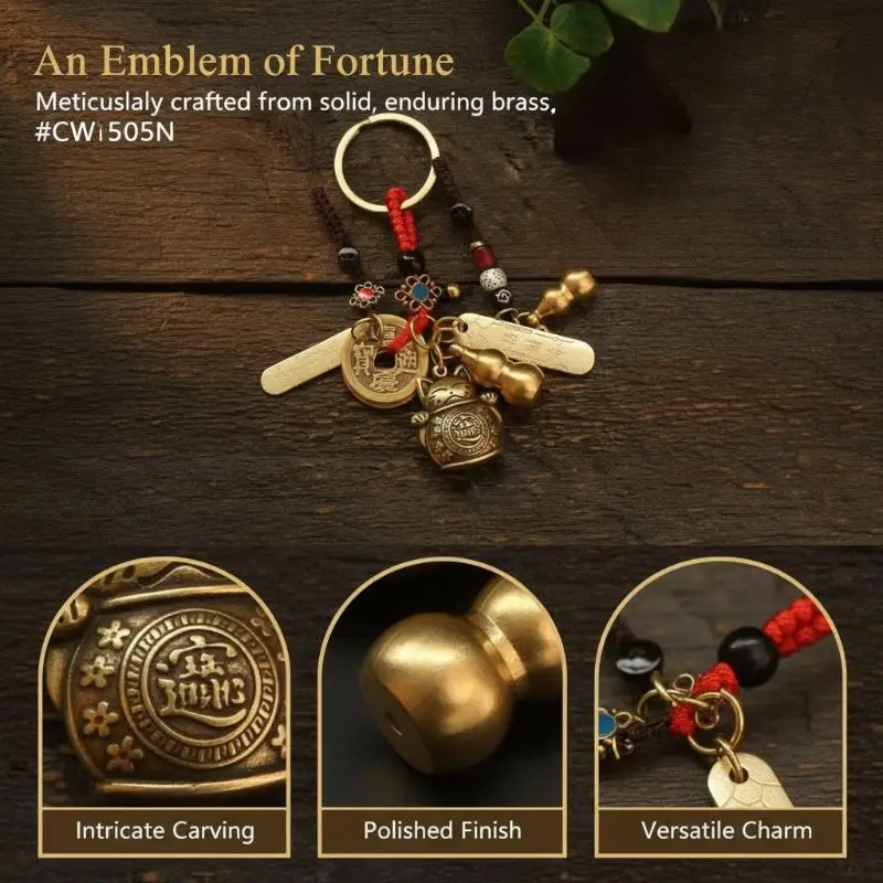 [New] Vintage Pendants Lucky Cat Car Keychain Five Emperors Money Calabash Feng Shui Coins Red String Knots Key Ring