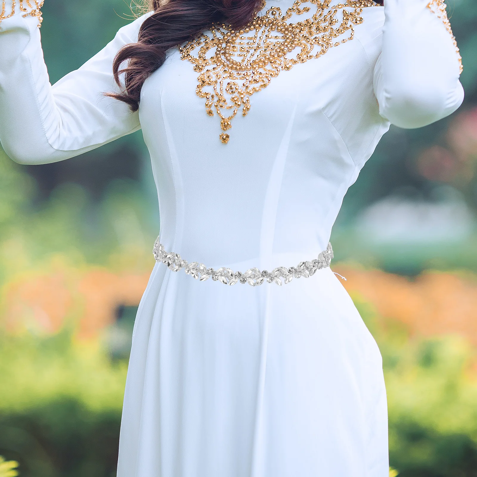 

Rhinestone Wedding Belt 270cm Silk Ribbon Adjustable Bridal Girdle Dress Accessory Elegant Design Alloy Chain Sewing