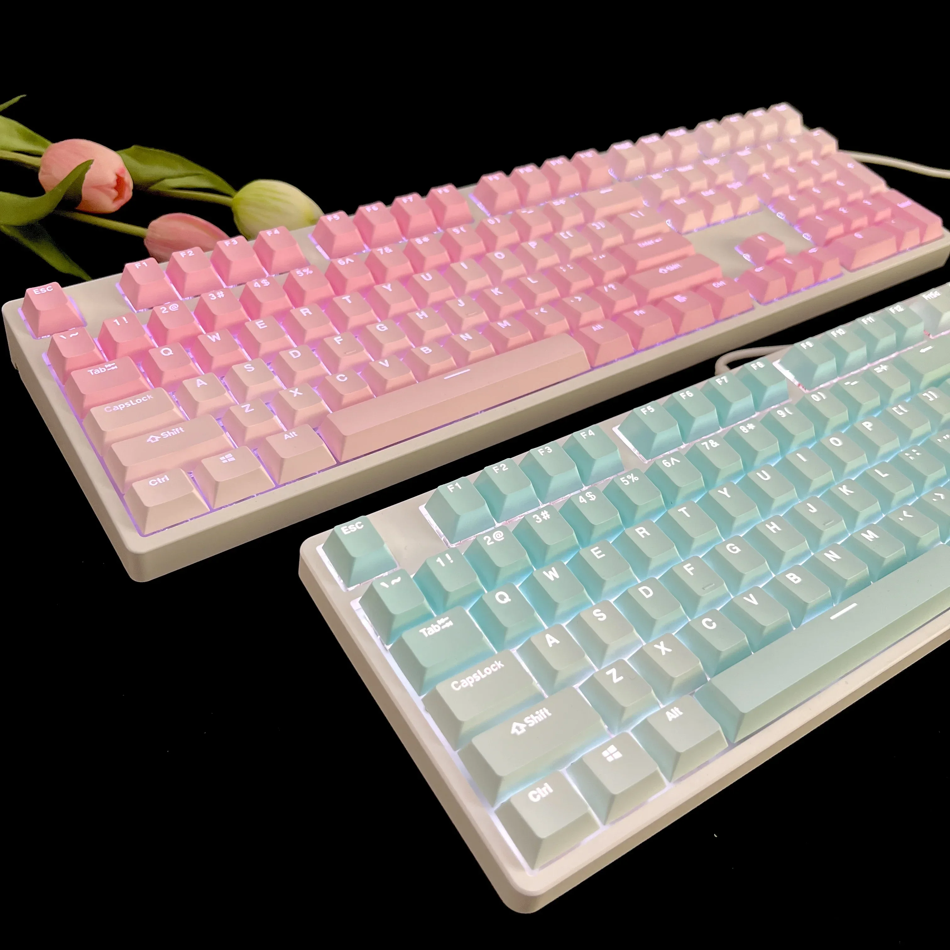 PBT Transparent Keycaps Original Height 104108 Standard Cross Axis Mechanical Keyboard Pink Mint Keycaps