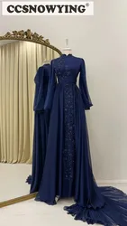 Navy Blue Long Sleeve Muslim Evening Dresses High Neck Hijab Islamic Formal Party Gowns Chiffon Appliques Arabic Robes De Soirée