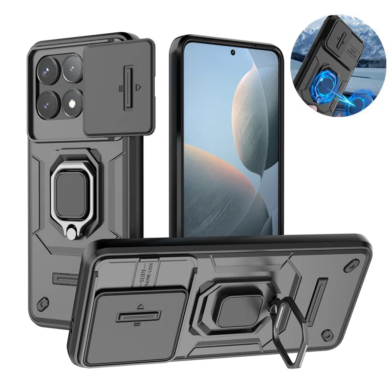 For Xiaomi Poco F6 Pro Armor Slide Camera Lens Protect Cover for Poko Little F6 F 6 Pro PocoF6 F6Pro Ring Stand Shockproof Funda