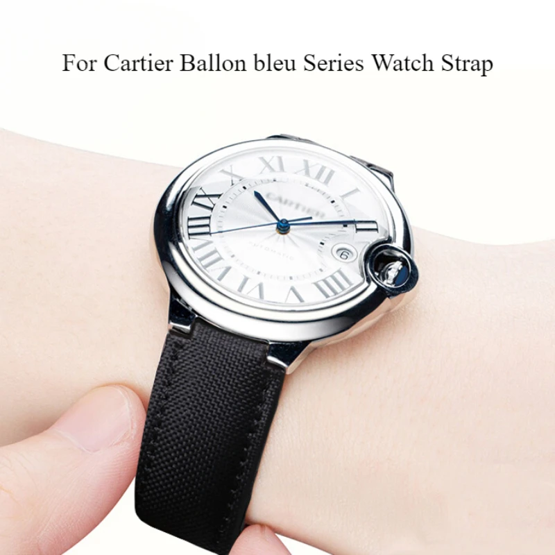 Pulseira de nylon 8x16 12x20 para cartier ballon bleu série interface convexa grande pulseira de lona preta à prova d'água masculina e feminina
