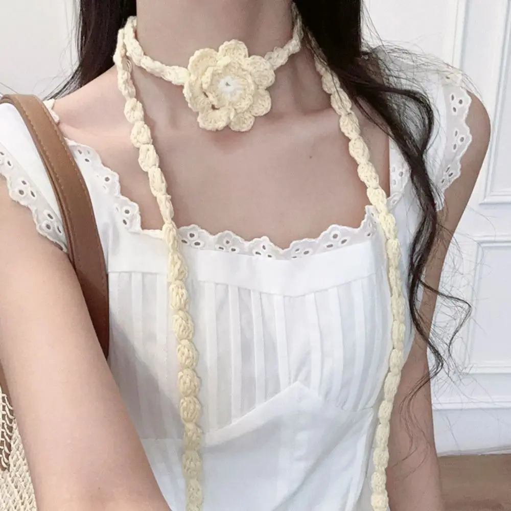 Estilo coreano flor de malha cachecol fino crochê rosa flor xale vestir decoração elegante longo estreito cachecóis picante menina