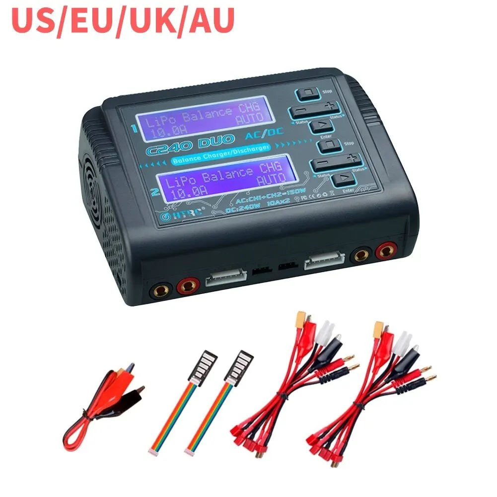 

For 1-6s LiPo/Li-ion/Life 1-15S NiCd/NiMH HTRC C240 Duo Lipo Balance Charger Dual Channel AC/150W DC/240W 10A RC Battery Charger