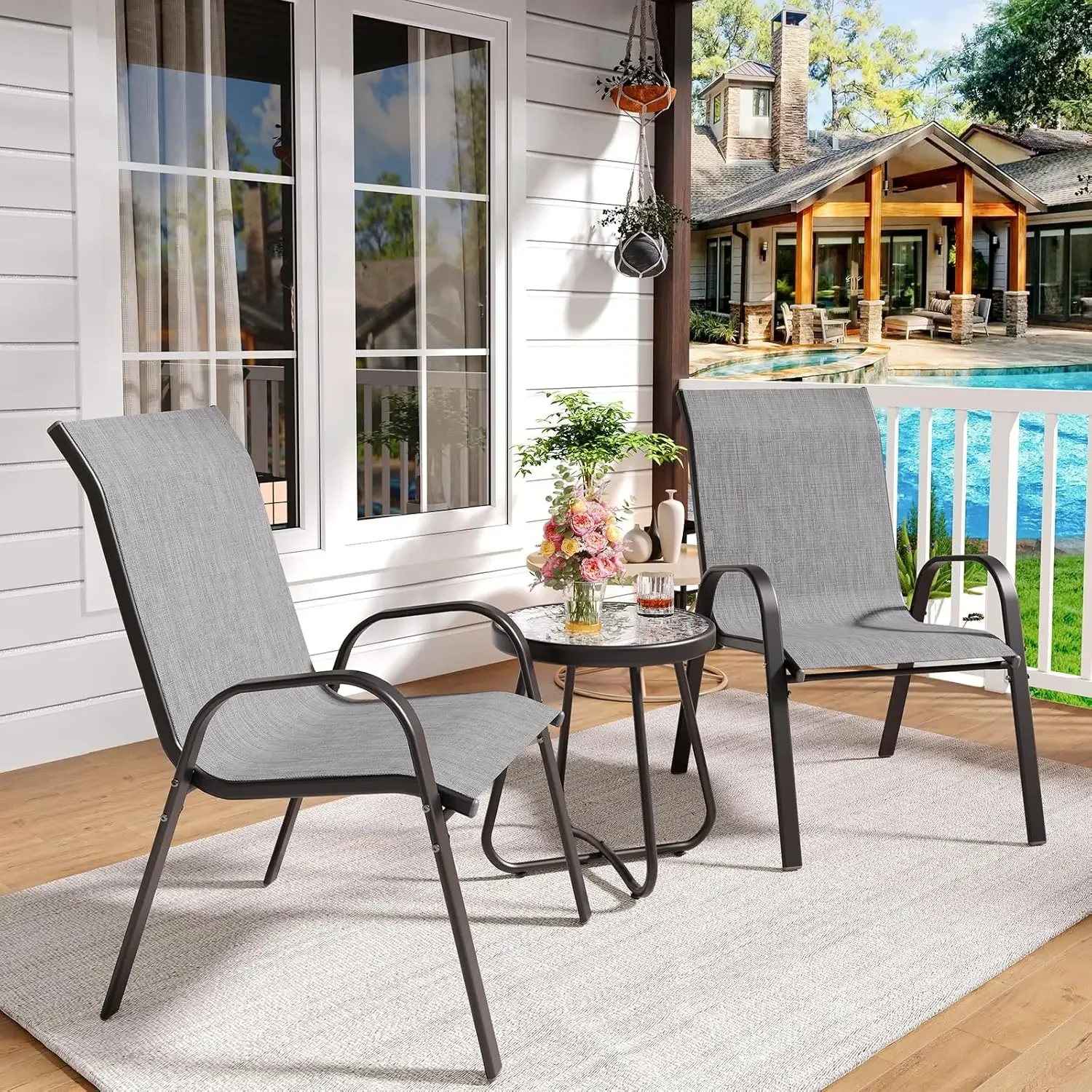 Amopatio 3 Piece Patio Set,Outdoor Stackable Dinging Chairs for All Weather,Breathable Garden Outdoor Furniture for Backyard Dec