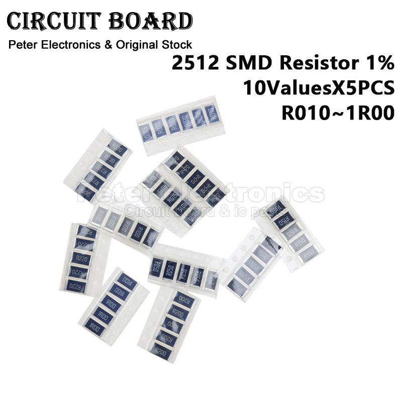 (50pcs) 2512 SMD Resistor Assorted Kit 10ValuesX5PCS 1% R010 1R00 R100 R220 R050 R470 R330 Ohm