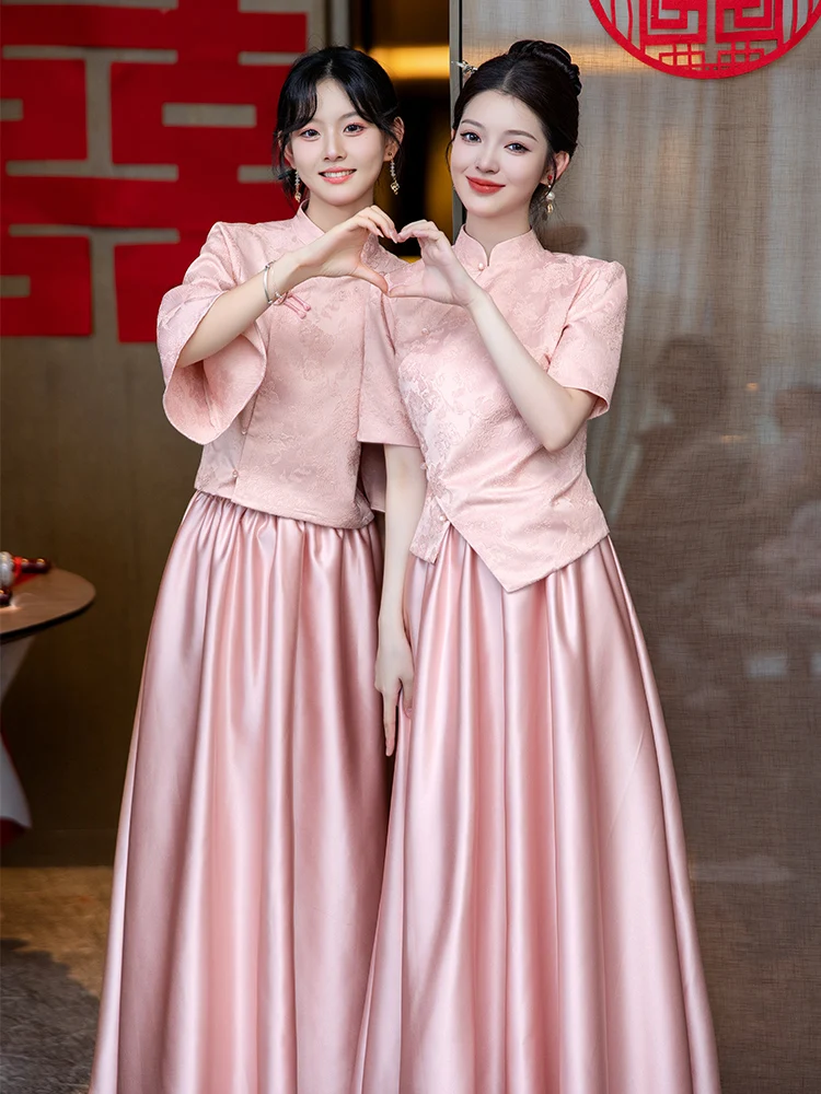 

Новое розовое китайское платье для подружки невесты 2025 года, осенне-зимняя коллекция, класса люкс, для невесты и подружек невесты на помолвку