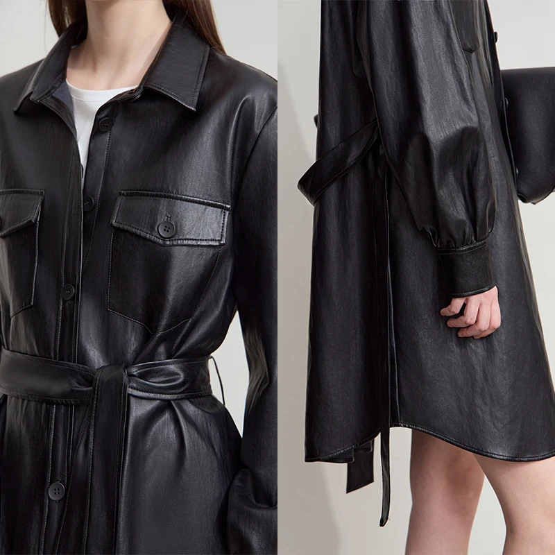 Amii レディースレザージャケット 2025年秋新作 レトロモダン レディース服 ベルト付き ルーズ ロングスリーブ レザージャケット レディース 12553042