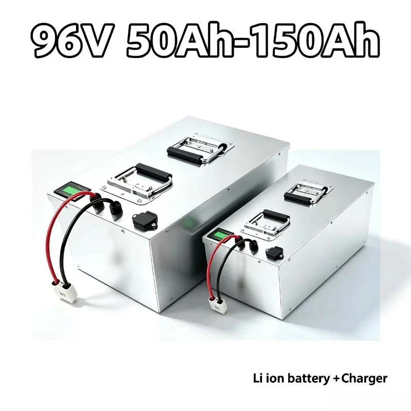 96V Lithium Ion Storage Battery 50Ah‑150Ah, Built-in BMS & LCD Screen, Comes With Charger for Electric Tricycle and Emergency Po