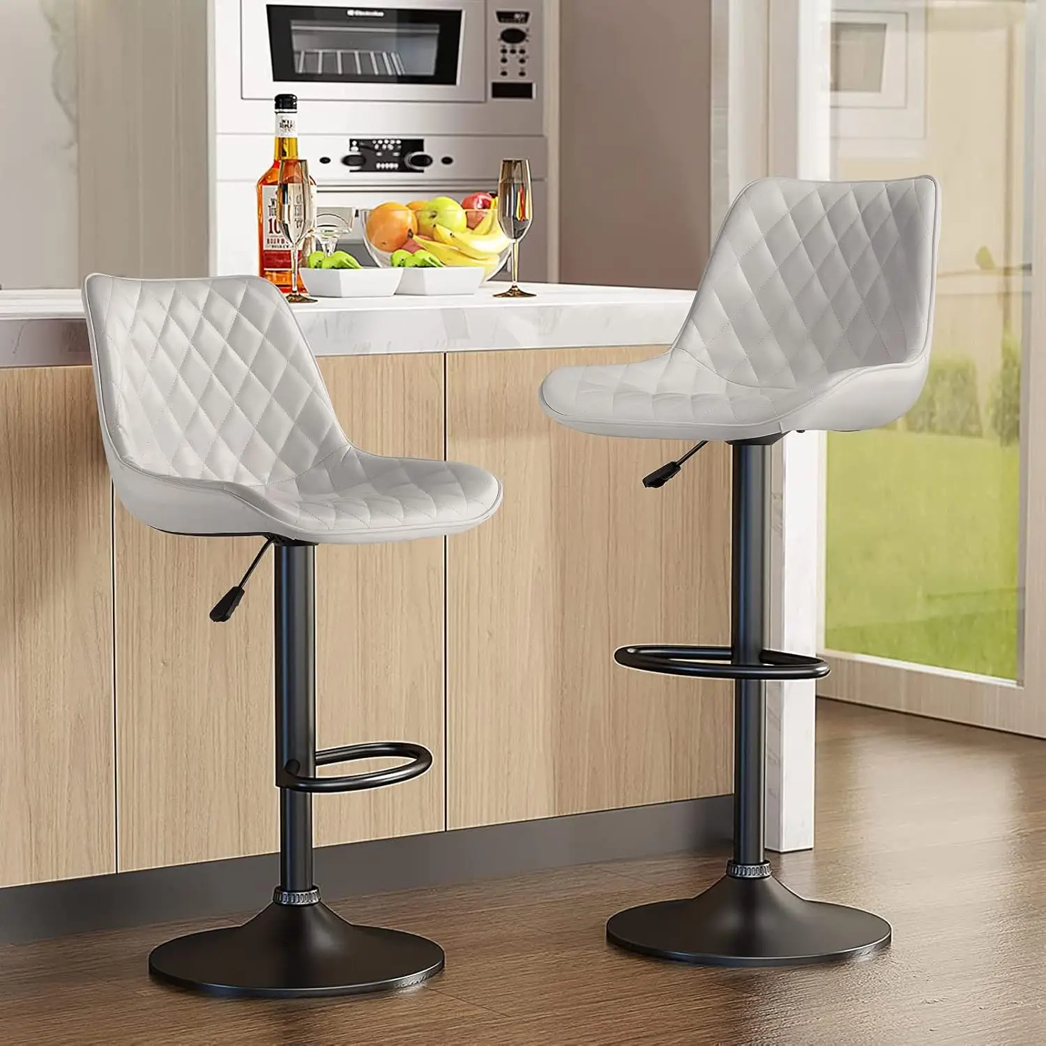 Waleaf Bar Stools Set of 2, Adjustable Counter Height Leather Bar Stools with Back, Modern Swivel Armless Bar Chair