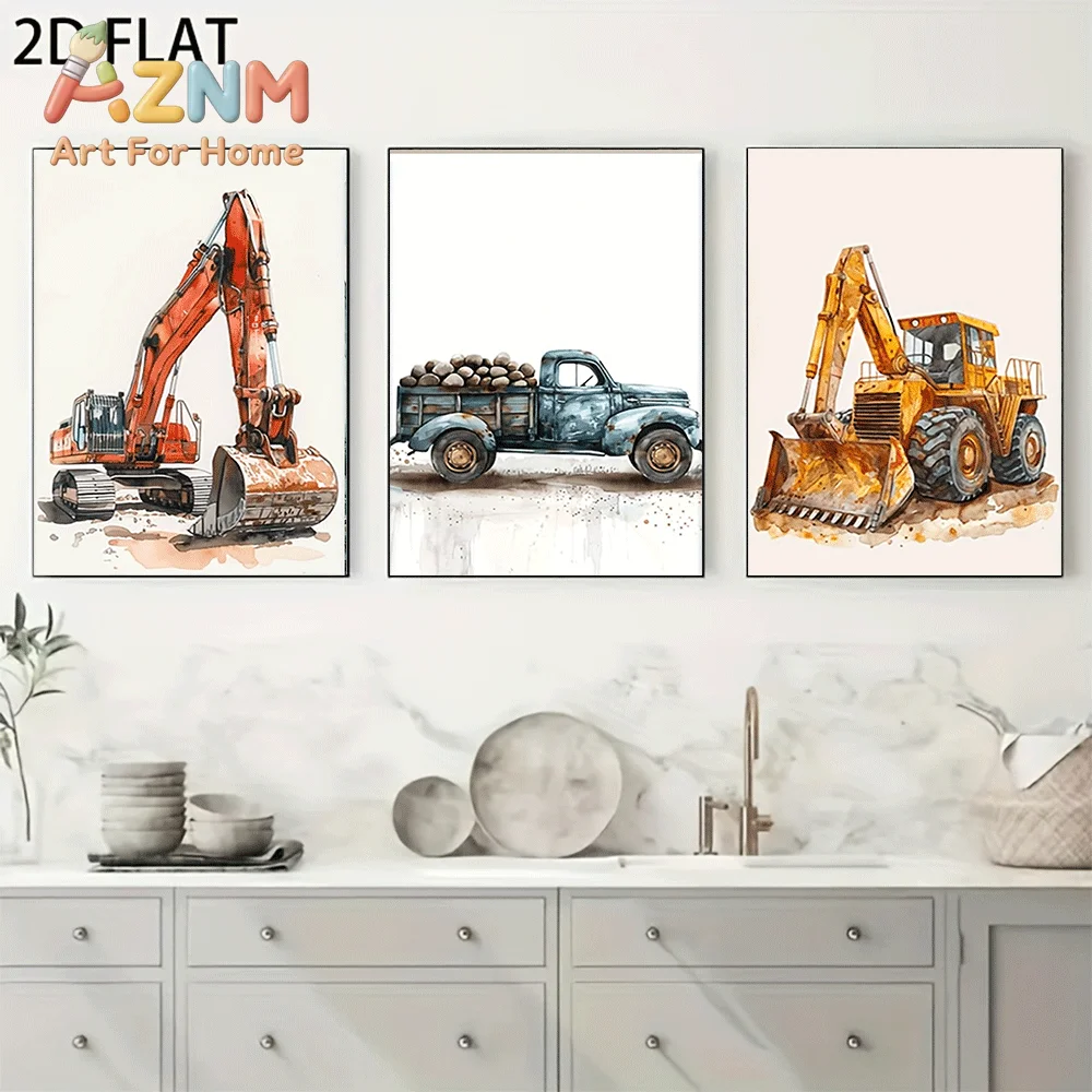 AZNM Frameless Canvas Wall Art, Watercolor Construction Vehicle Print, Excavator Loader Vintage Truck Art Poster for Boys Nurser