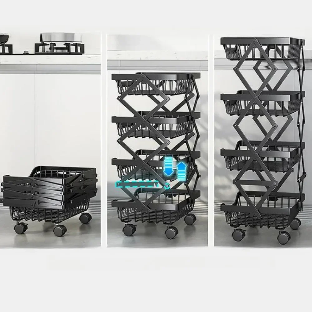 Movable Kitchen Fruit Basket Stackable Crevice Vegetable Storage Cart Floor-Mounted Multi-Layer Shelf Folding Rack Trolley Cart