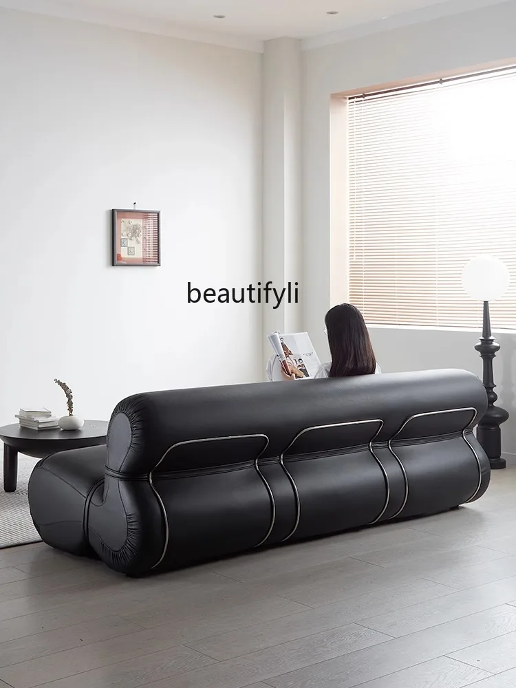 French Retro First Layer Cowhide Designer Model Living Room Combination Mid-Ancient Style Light Luxury Double Three-Seat Sofa