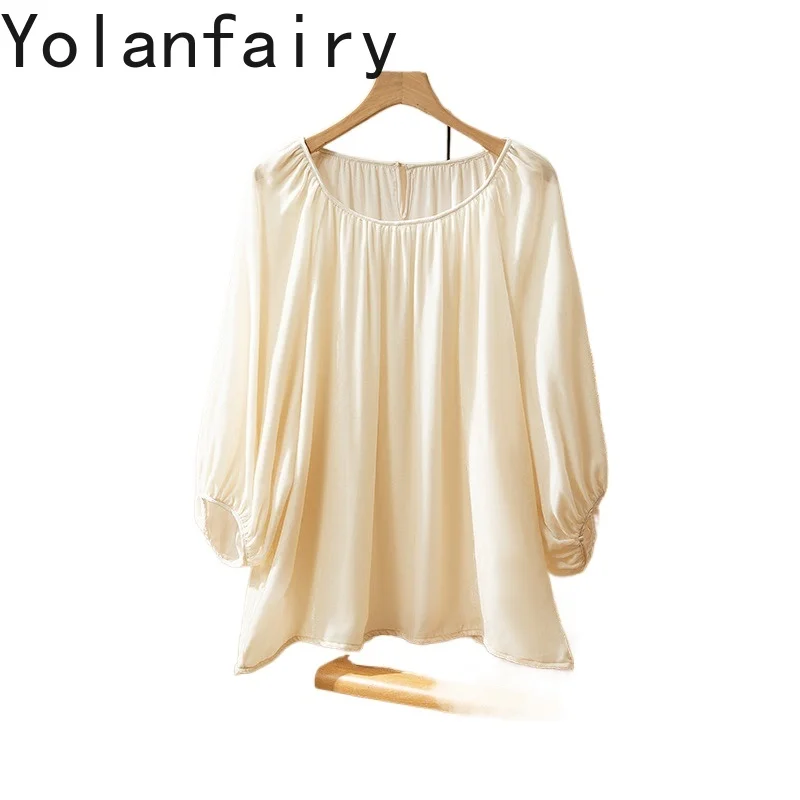 

YOLANFAIRY 100% Mulberry Silk Blouses for Woman Elegant Spring Autumn Silk Velvet Pleated Blouse Vrouwen Women Top dames blouse