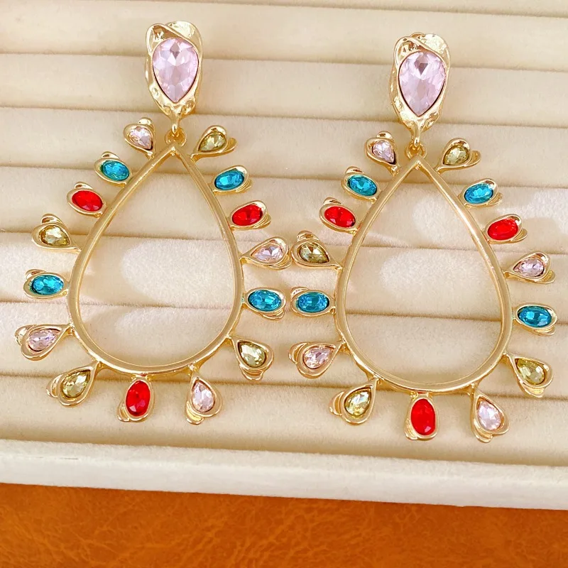 Bohemian Hollow Teardrop Dangle Earrings Multicolor Waterdrop Crystal Drop Earrings Vintage Holiday Women Fashion Jewelry