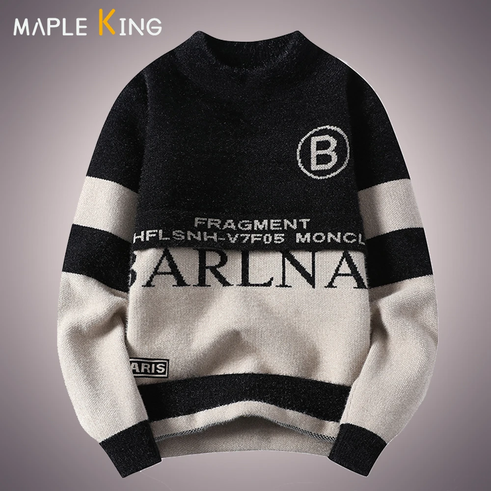 

Knitted Sweater Men Patchwork Pullovers Korean Fashion Autumn Warm Soft O Neck Jumper Streetwear Couple Pull Homme Sweaters 3XL