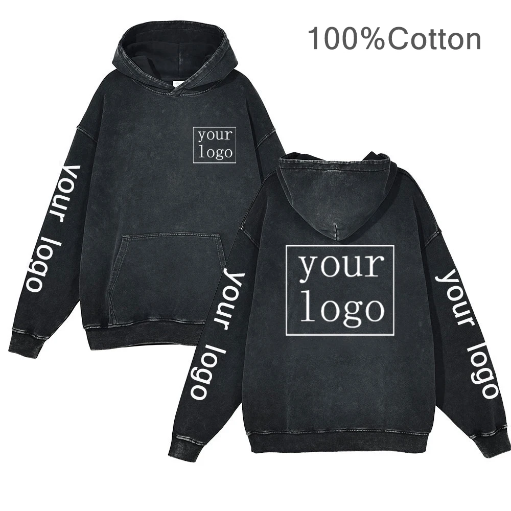 Uw eigen ontwerp merklogo/foto aangepaste hoodies vintage zuur wassen katoen mannen vrouwen manga cartoon tekst print DIY sweatshirts