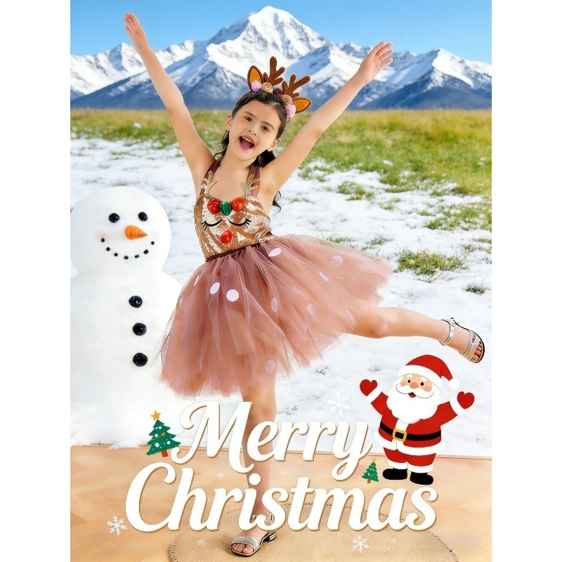 

Christmas Elk Dress Reindeer Costume Princess Tutu Dress Party Stage Performance Festival Holiday Wear Cosplay Outfit Suit