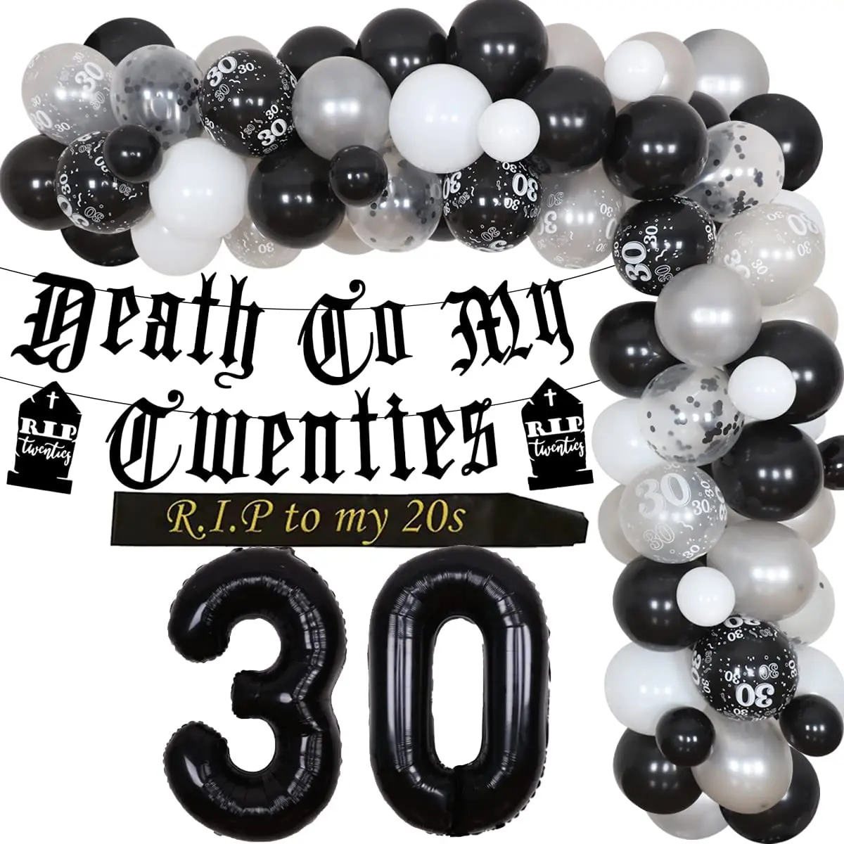 Death To My Twenties 30th Birthday Decorations Black Rip To My 20s Birthday Sash Gothic Banner Balloons for 30 Years Old Party