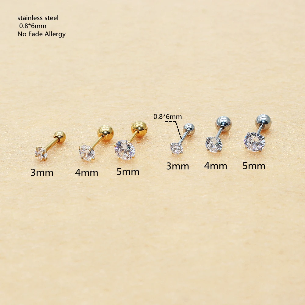 316 Stainless Steel Slim Ear Bar 0.8*6mm Screw-Back Brief Bling Zircons Stud Earrings No Fade Allergy Free 3mm 4mm 5mm